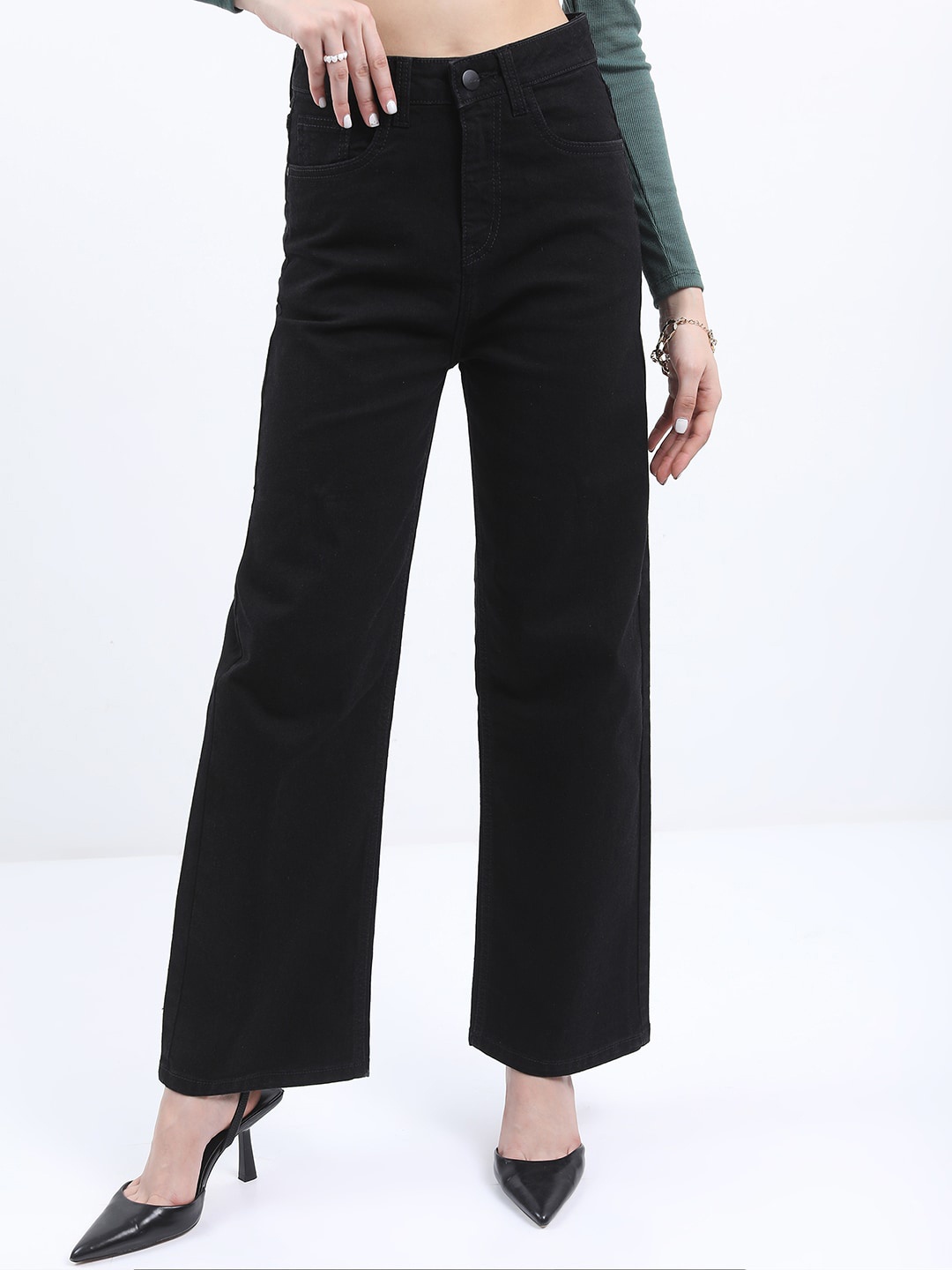 

KETCH Women Wide Leg High Rise Stretchable Jeans, Black