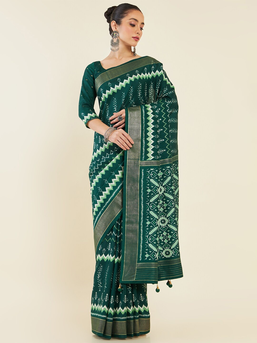 

Soch Green & White Ethnic Motifs Zari Art Silk Saree