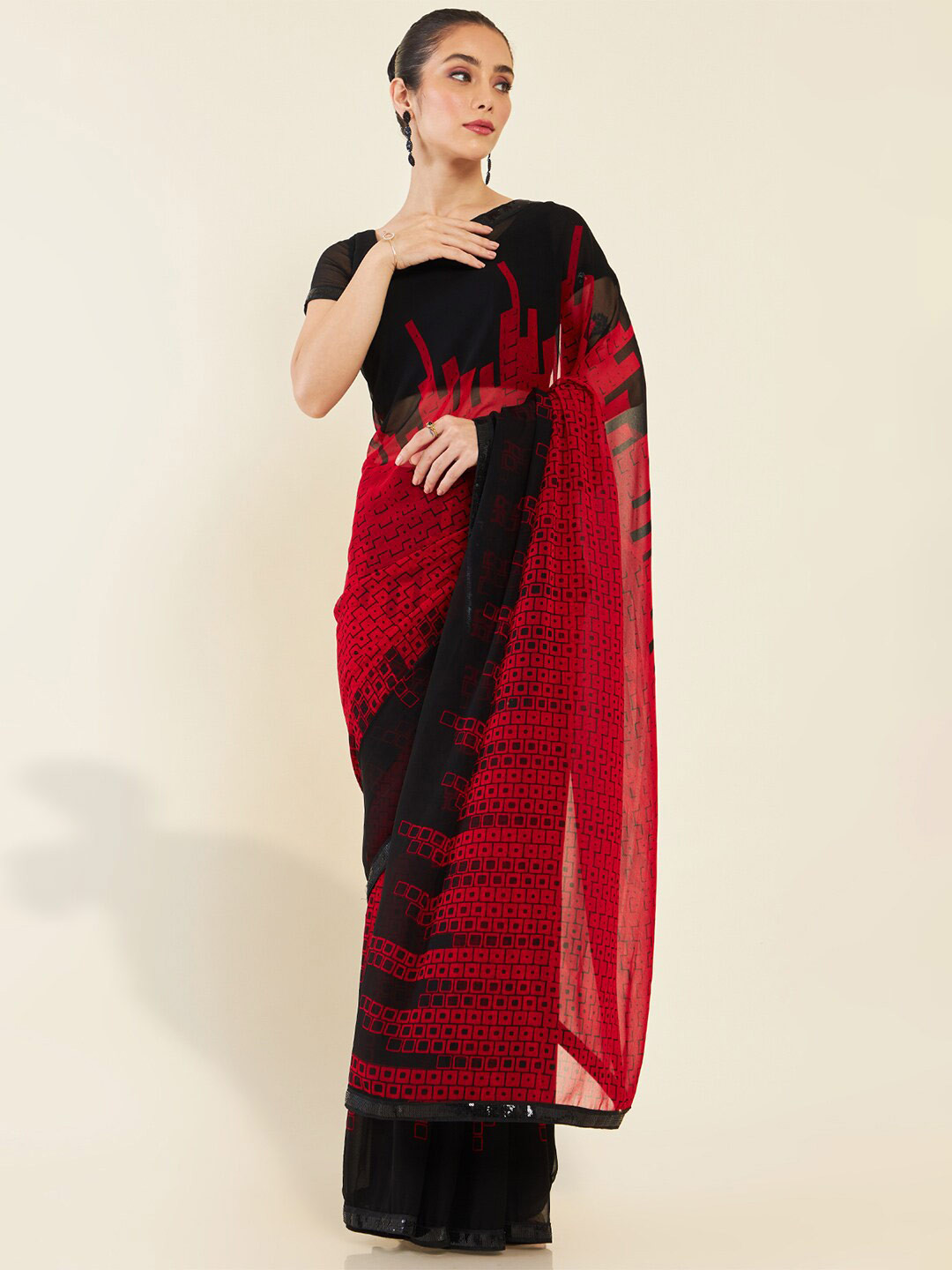 

Soch Geometric Printed Sequinned Saree, Red
