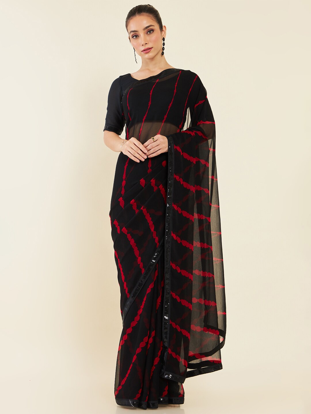 

Soch Striped Embellished Saree, Black
