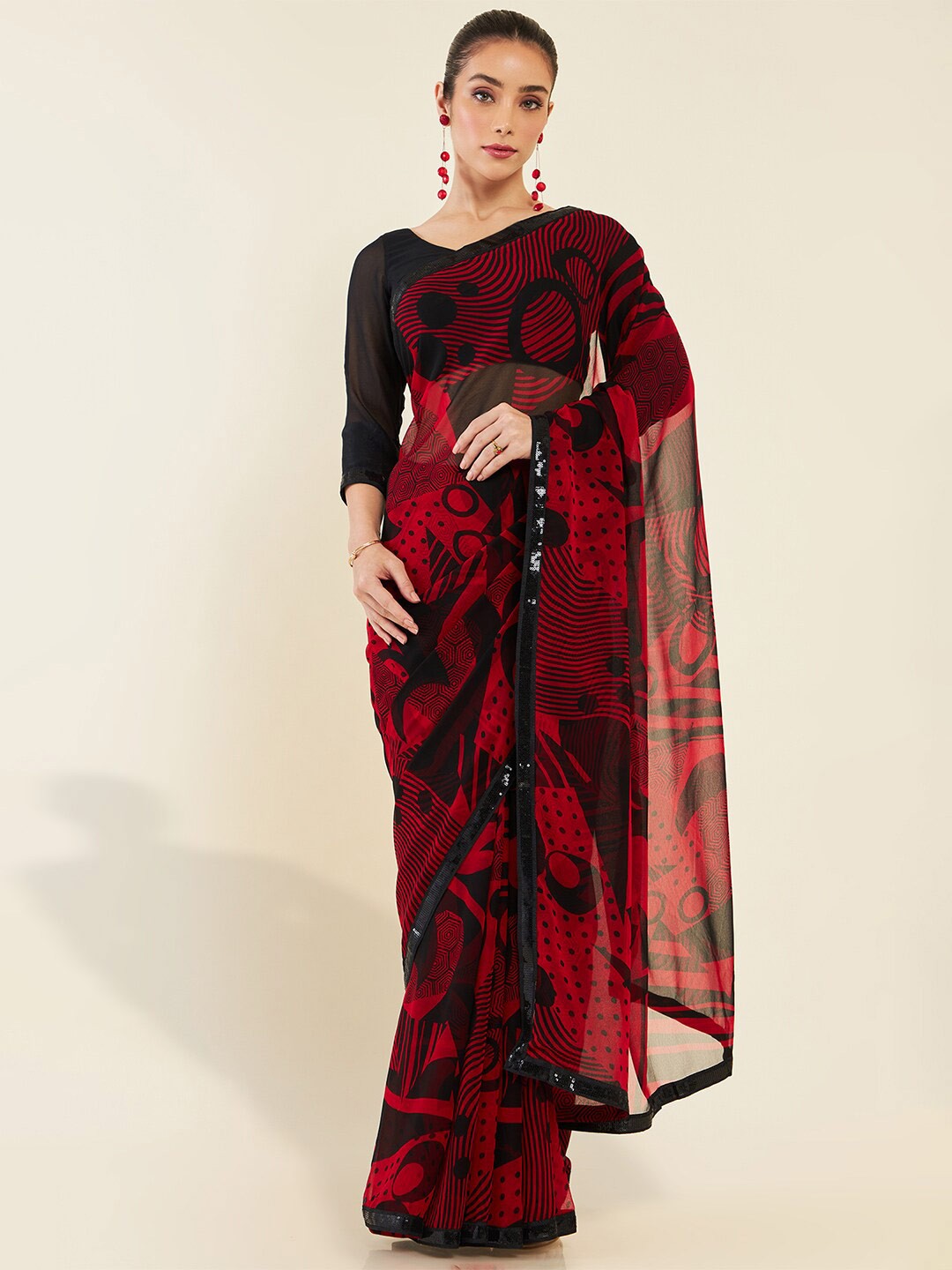 

Soch Abstract Printed Sequinned Saree, Red
