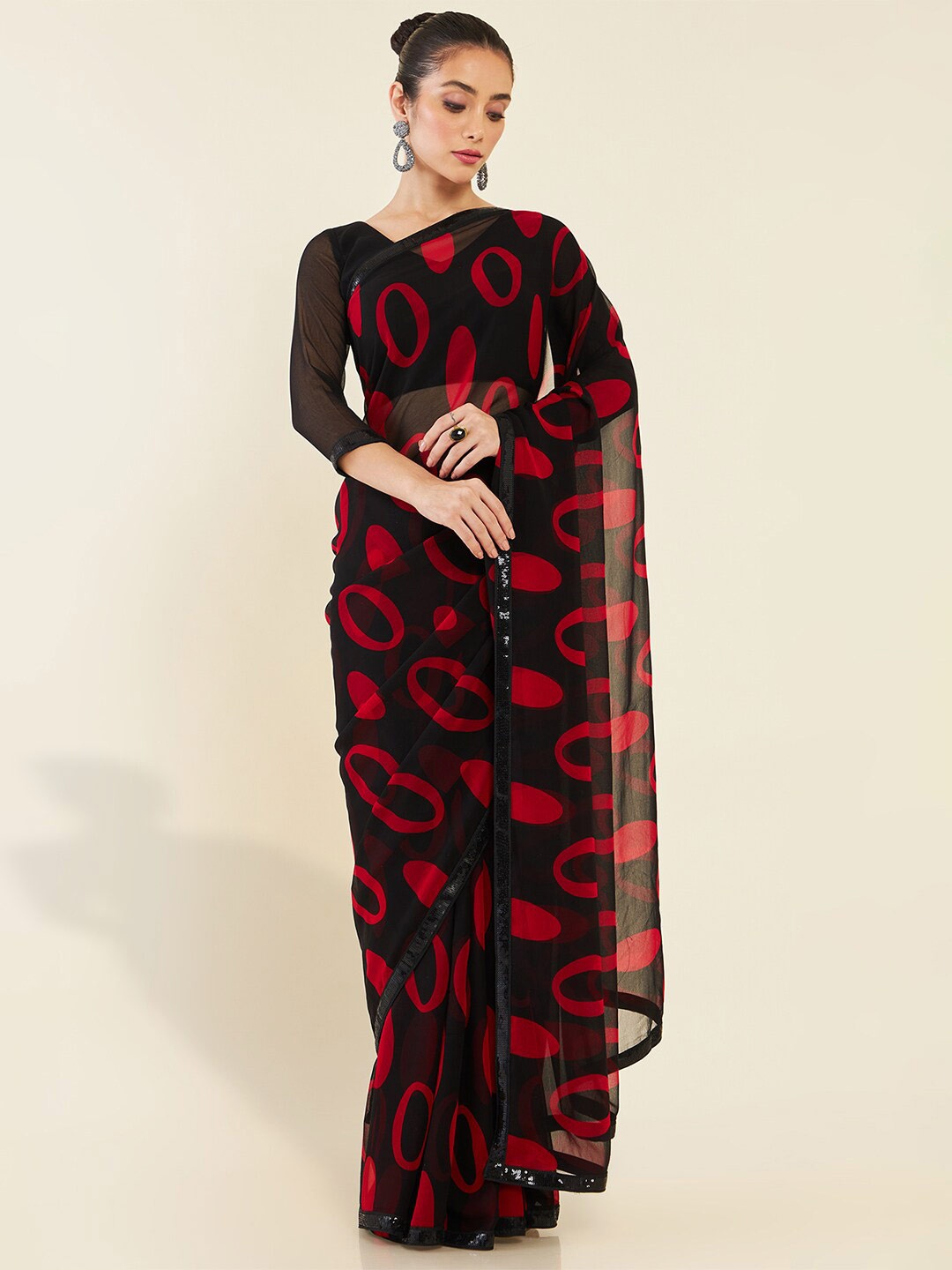 

Soch Geometric Printed Saree With Sequined Border, Black