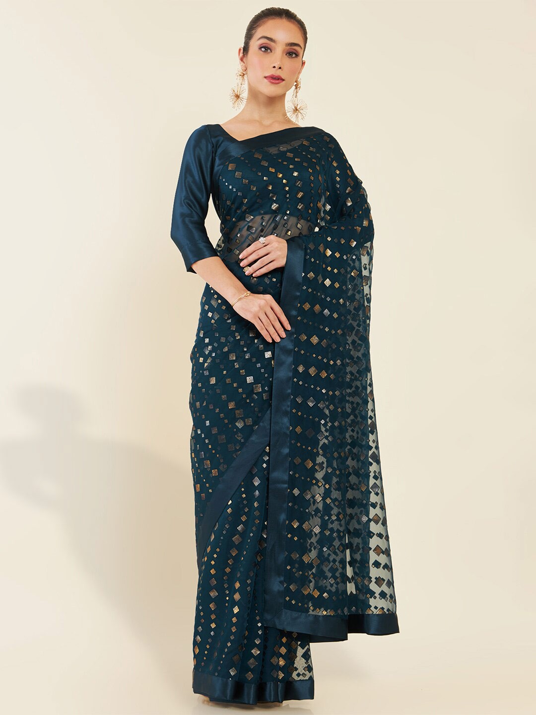 

Soch Geometric Embellished Saree, Teal