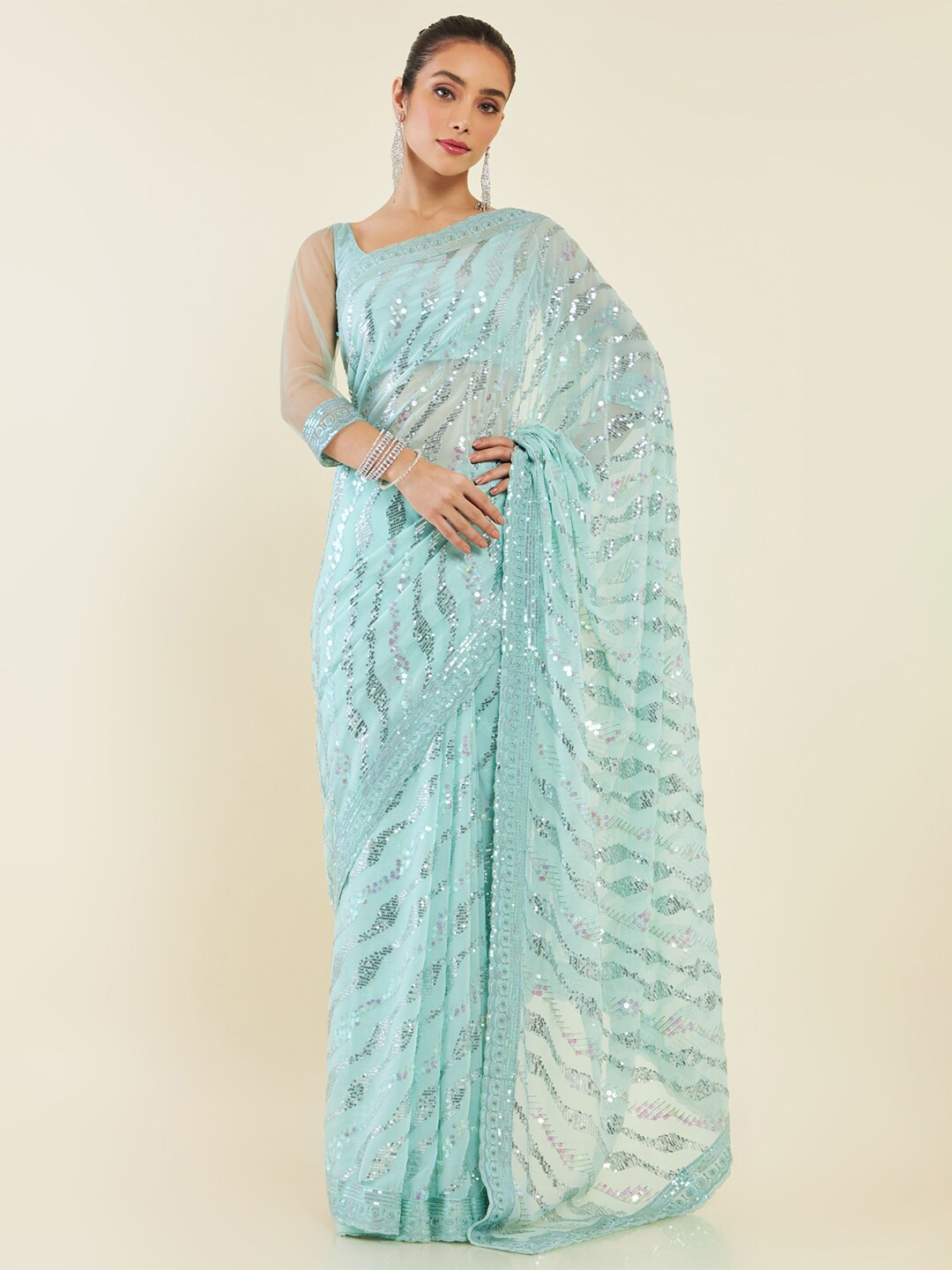 

Soch Viscose Rayon Sequinned Embellished Saree, Blue