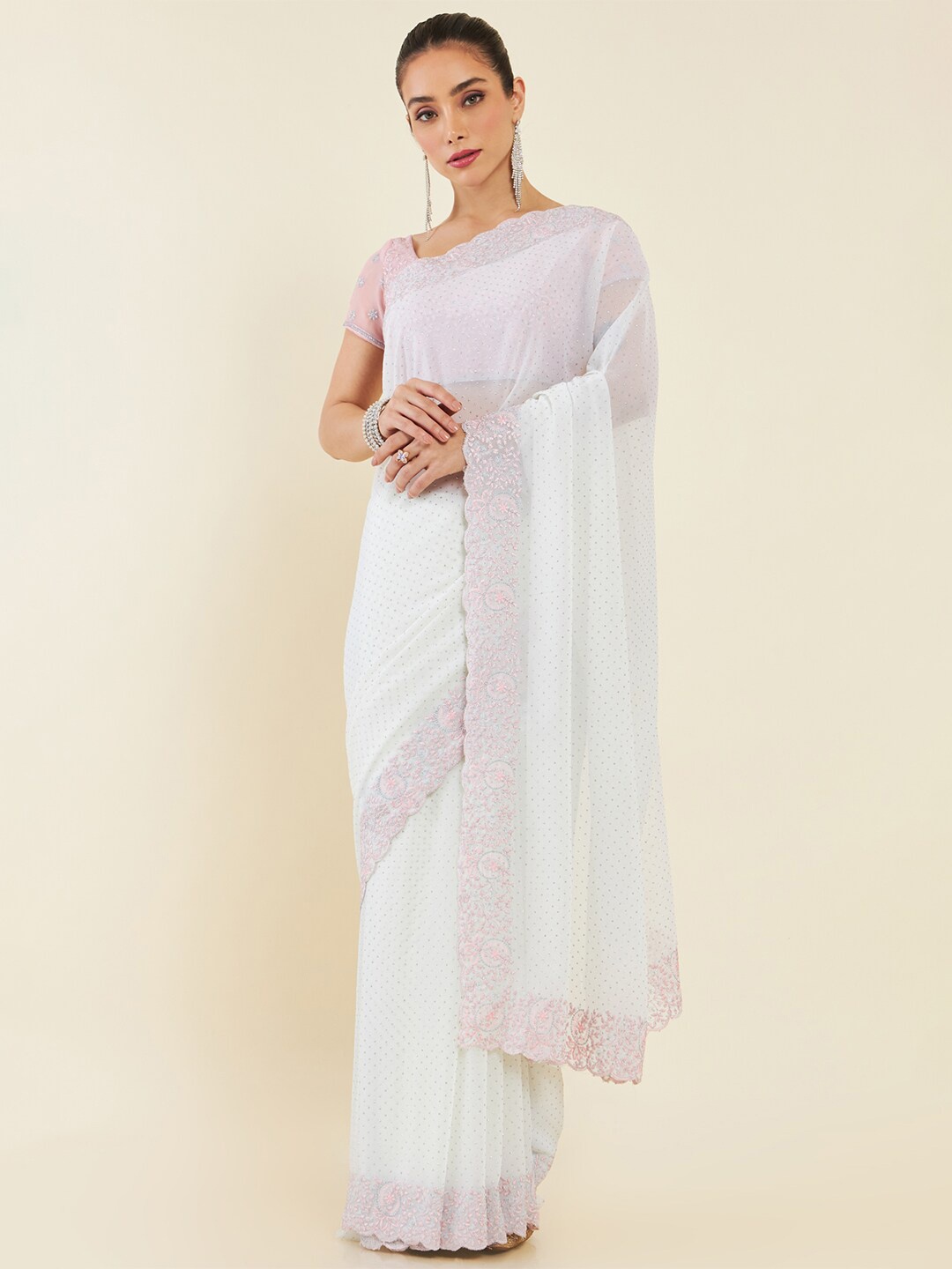 

Soch White & Pink Embellished Mukaish Saree
