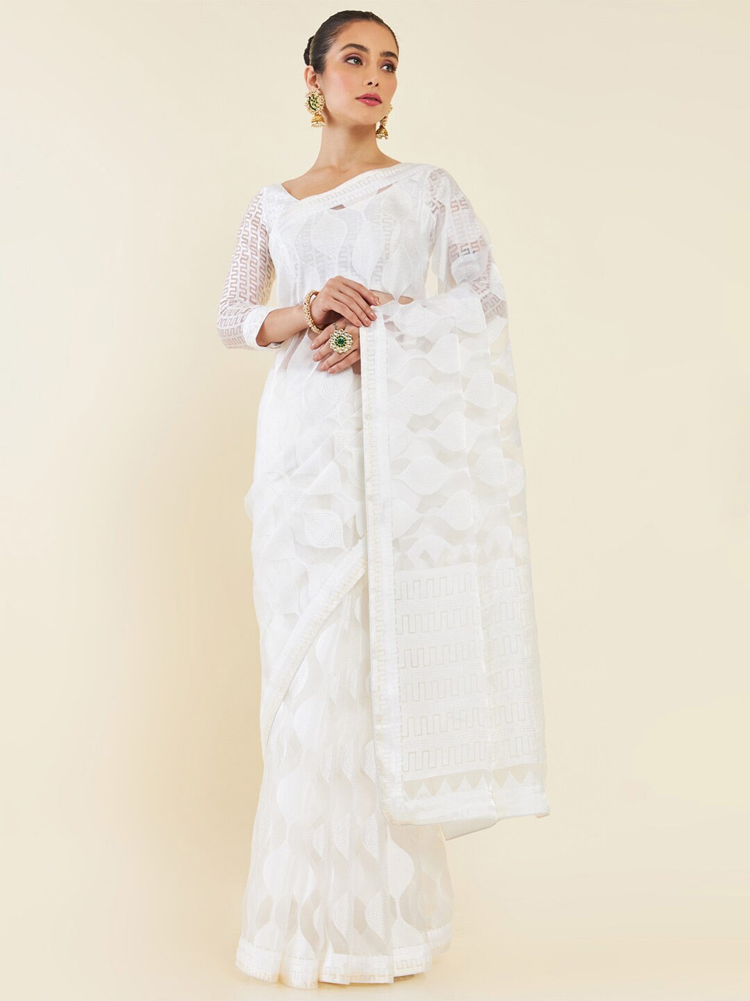 

Soch Ethnic Motif Woven Design Organza Saree, White