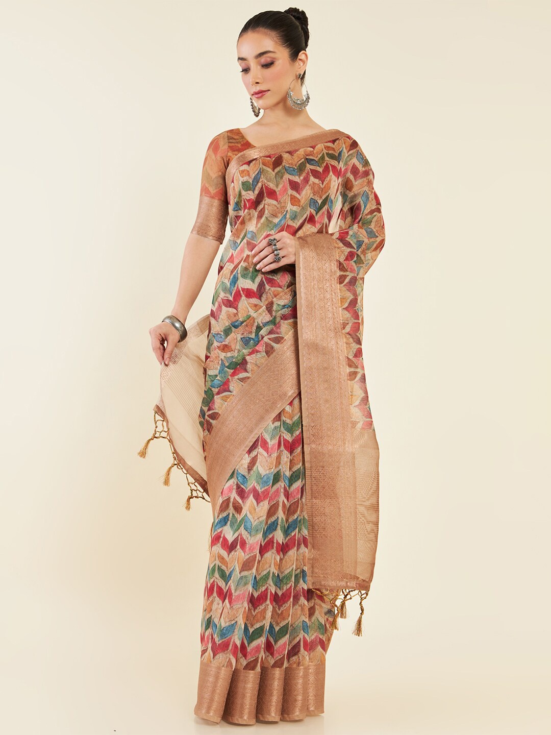 

Soch Floral Printed Zari Saree, Brown