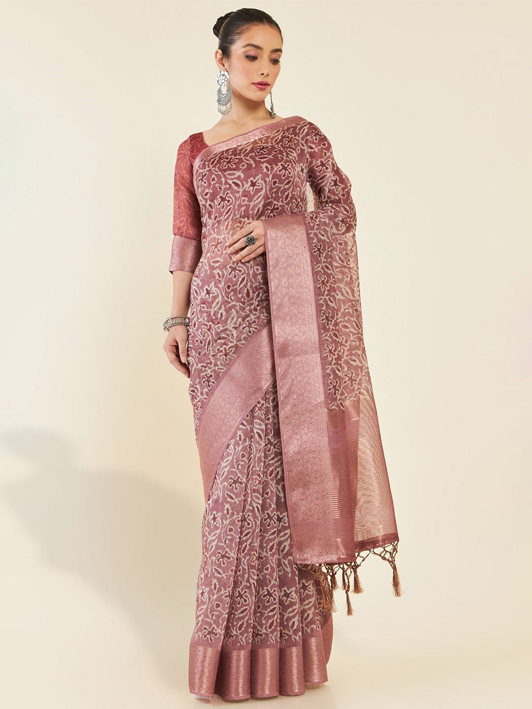 

Soch Ethnic Motifs Printed Art Silk Zari Saree With Tassel, Brown