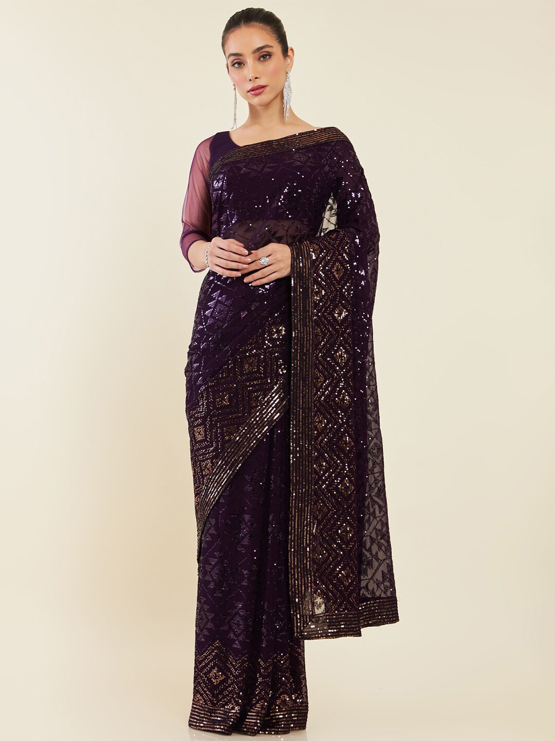 

Soch Embellished Sequinned Saree, Purple