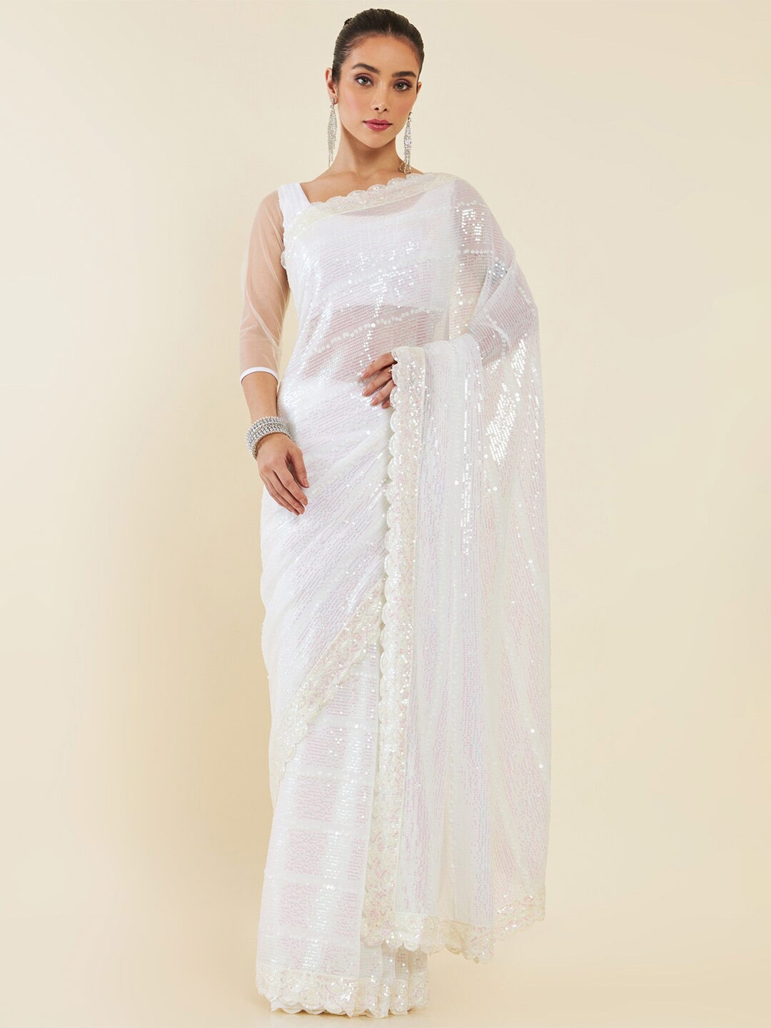 

Soch Embellished Sequinned Saree With Cut Work Border, White