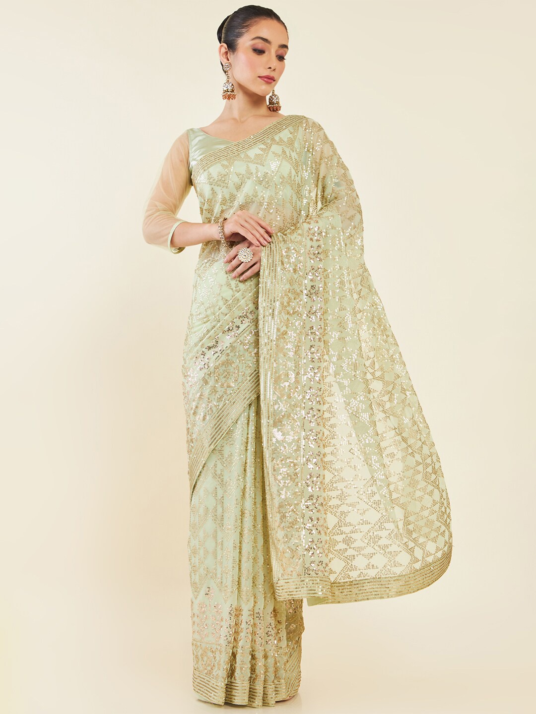 

Soch Embellished Sequinned Saree, Green