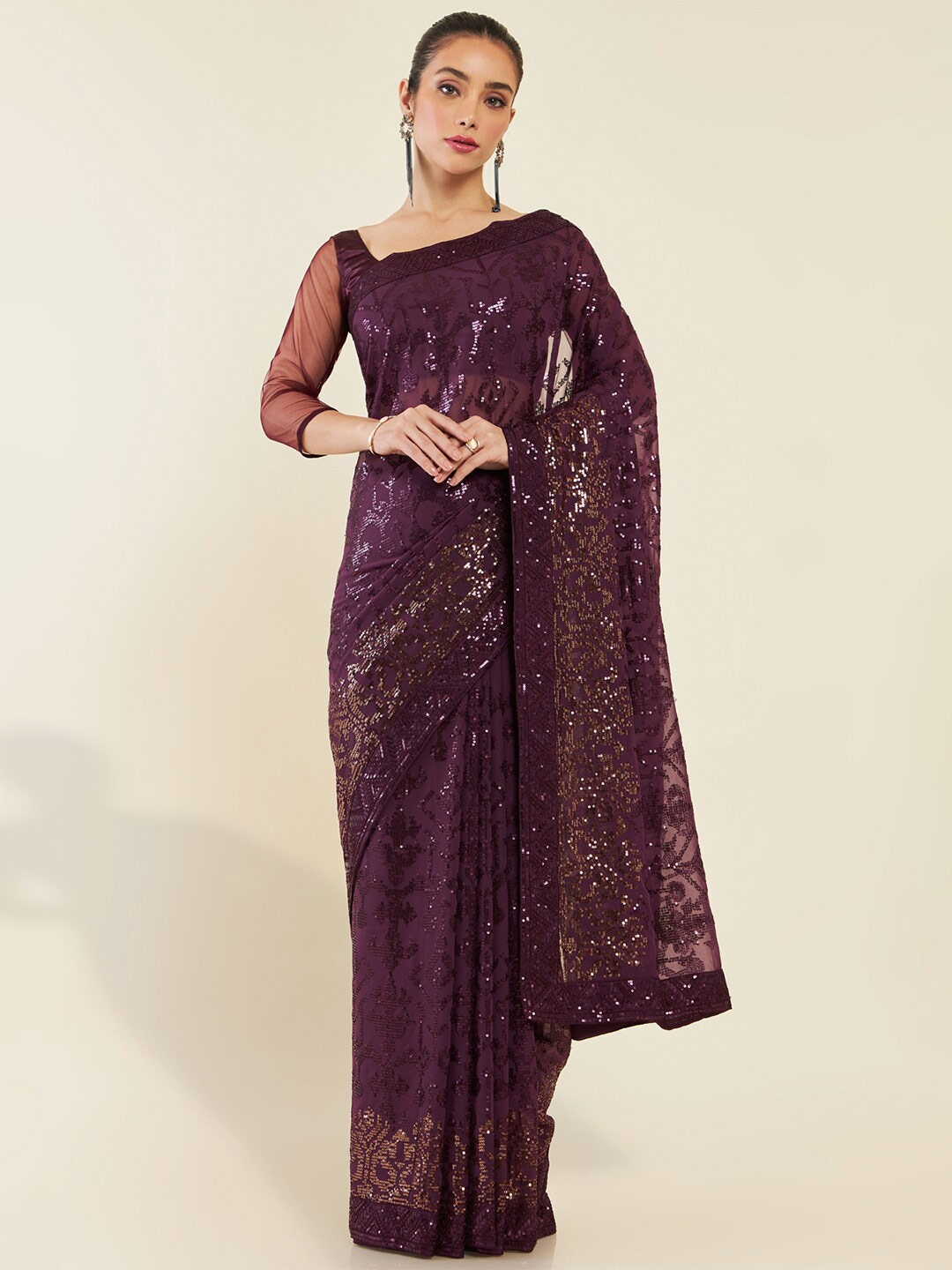 Soch Sequinned Embellished Saree, Magenta