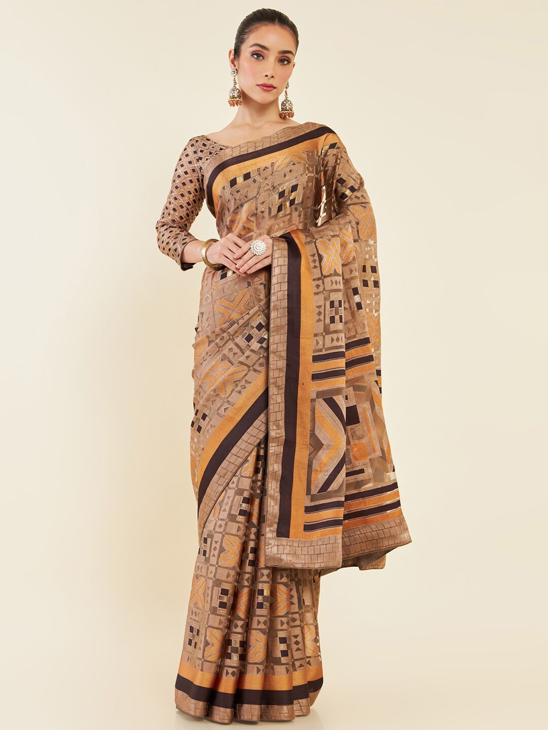 

Soch Geometric Printed Organza Saree, Brown