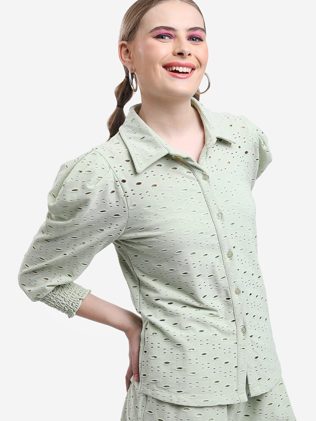 

KETCH Self Design Puff Sleeves Shirt Style Top, Olive