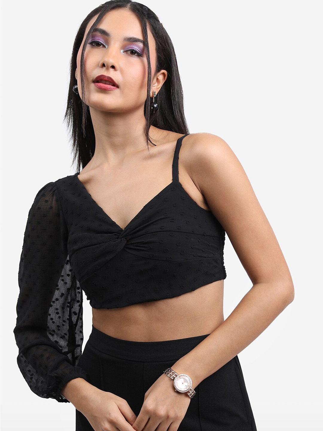

KETCH Self Design One Shoulder Puff Sleeves Bralette Crop Top, Black