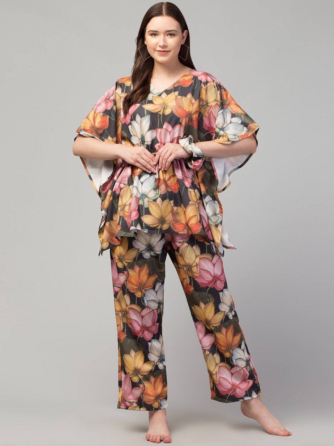 

FFLIRTYGO Floral Printed Kaftan Night Suit, Brown