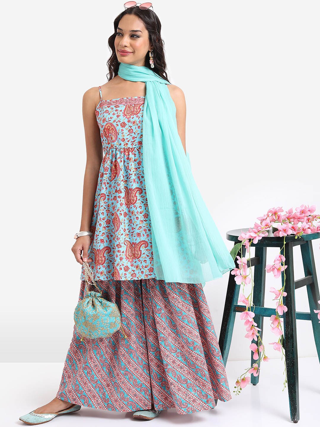 

KETCH Paisley Printed Shoulder Straps Kurta with Sharara & Dupatta, Blue