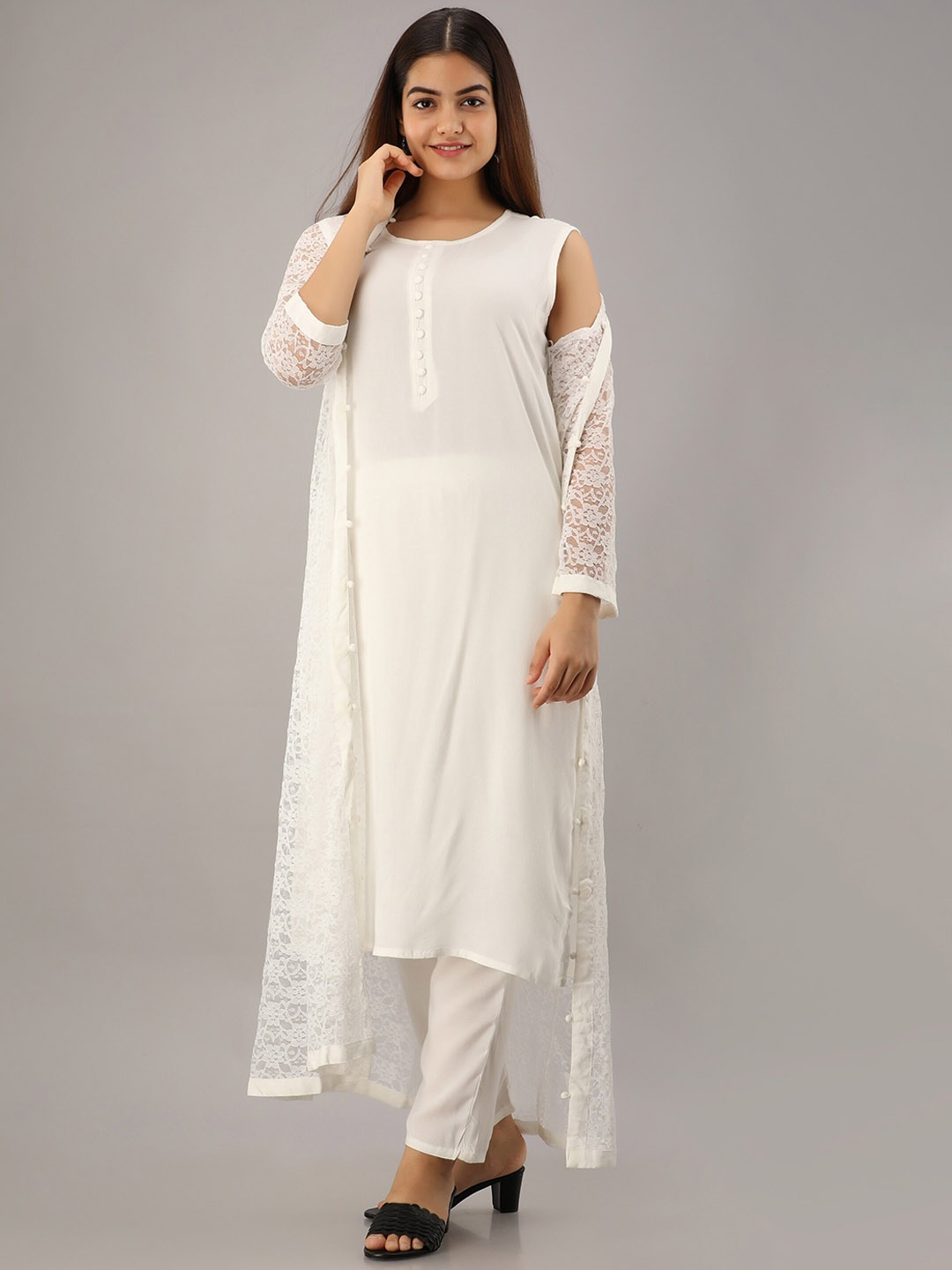 

KALINI Straight Kurta With Trousers & Jacket, White