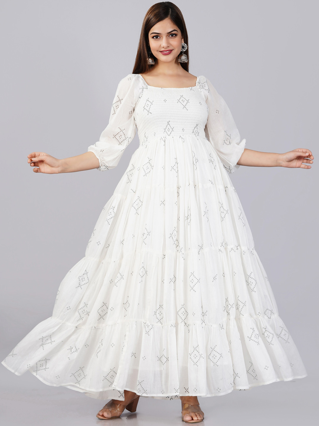 

KALINI Printed Smocked Tiered Flared Cotton Ethnic Dress, White