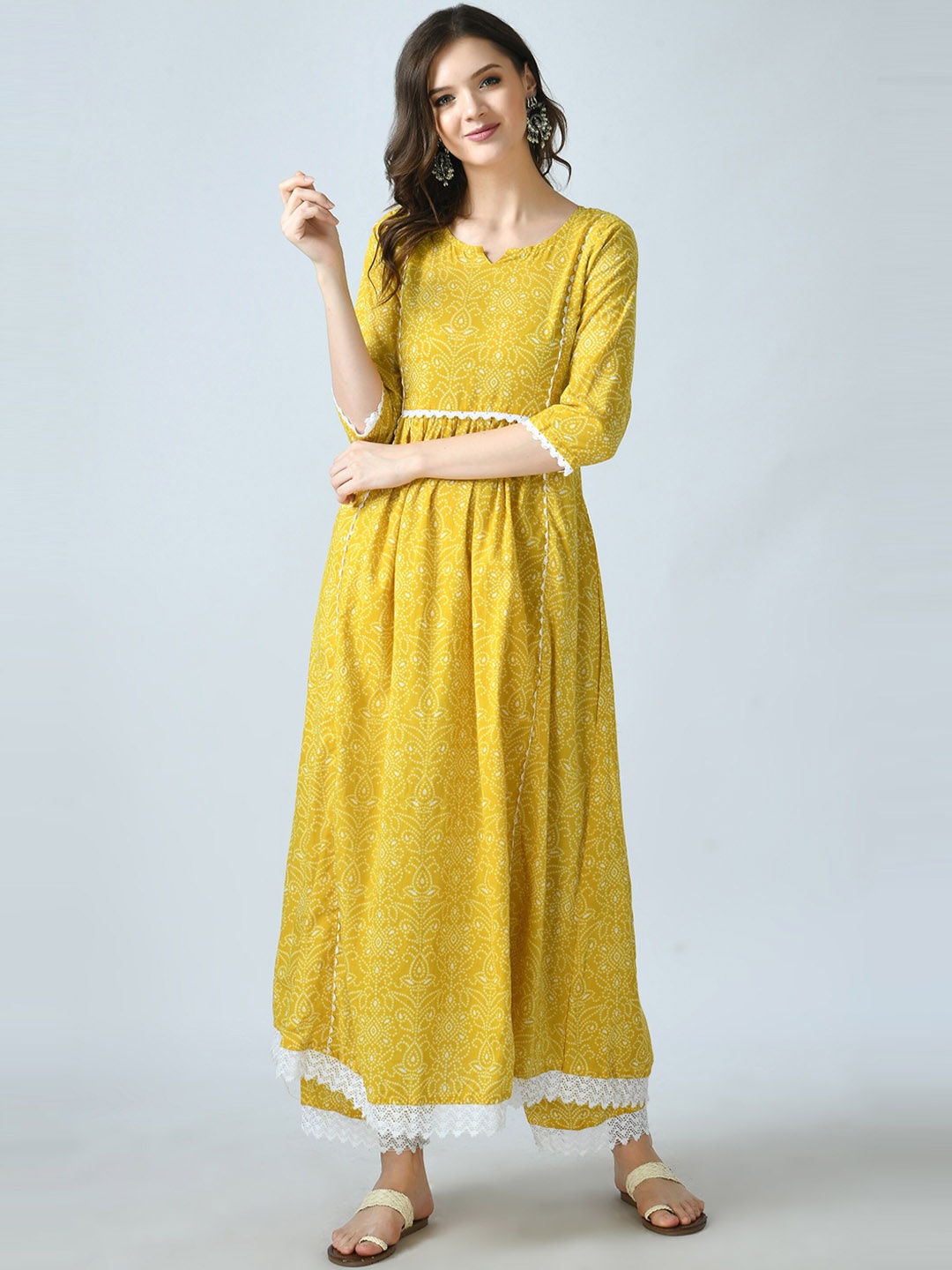 

KALINI Bandhani Printed A-Line Pure Cotton Kurta with Palazzos, Yellow