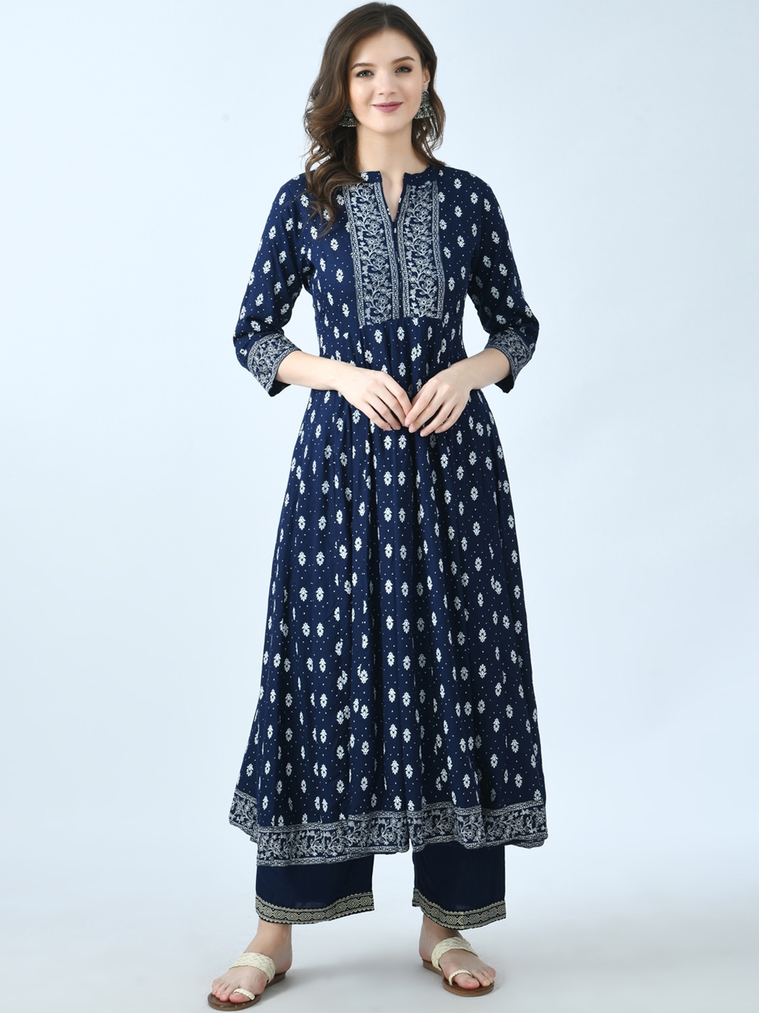 

KALINI Ethnic Motifs Printed Mandarin Collar Anarkali Kurta With Palazzos, Blue