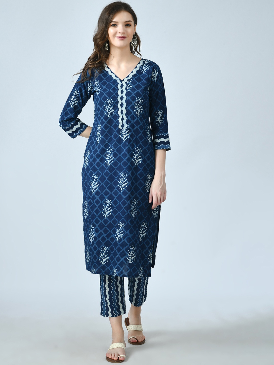 

KALINI Floral Printed V Neck Pure Cotton Kurta With Trousers & Dupatta, Blue