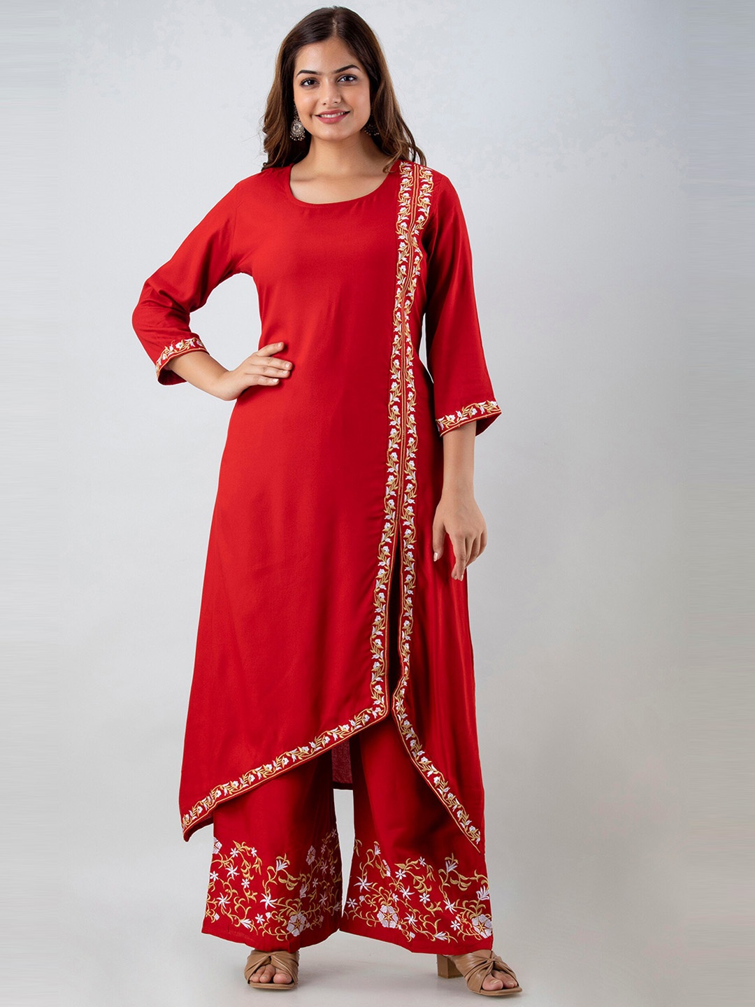 

KALINI Floral Embroidered Asymmetric Kurta With Palazzos, Maroon