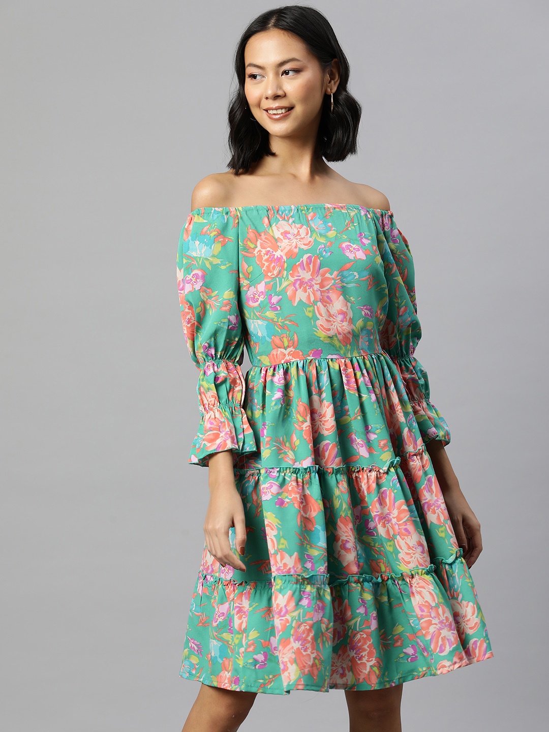 

plusS Floral Print Fit & Flare Dress, Green