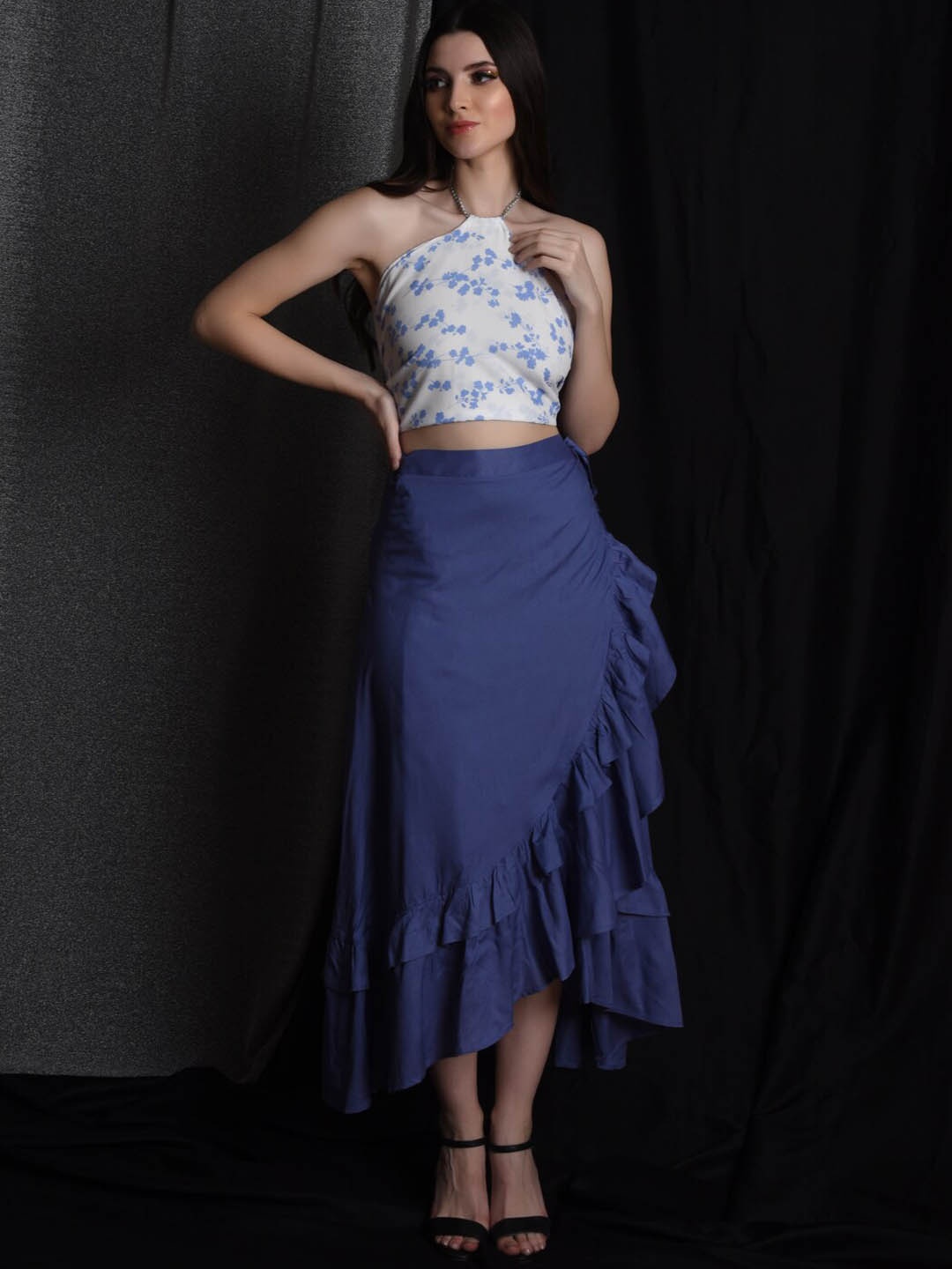 

FLAWLESS Tie Up Ruffles Details Wrap Maxi Skirt, Blue