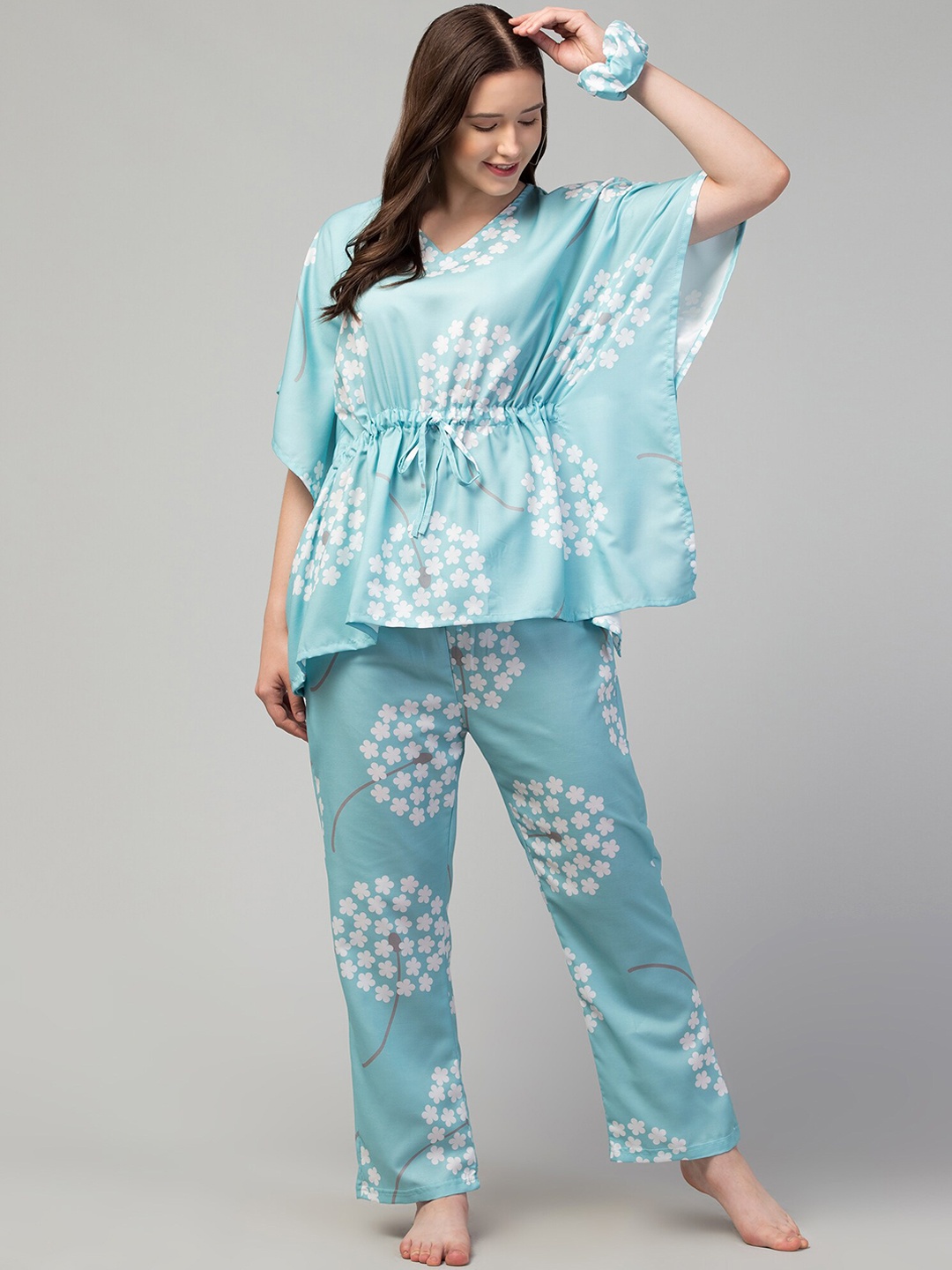 

FFLIRTYGO Floral Printed Kaftan Night Suit, Turquoise blue