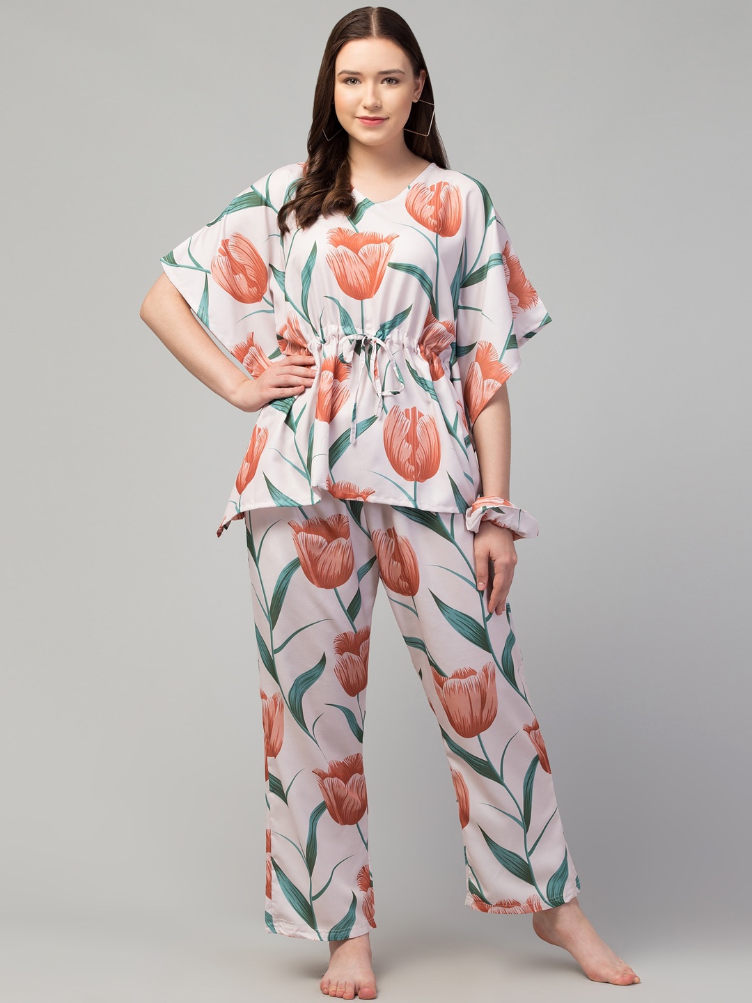 

FFLIRTYGO Floral Printed Kaftan Night Suit, White