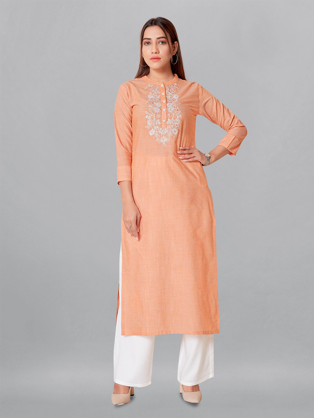 

FASHION DREAM Striped Thread Work Floral Cotton Straight Kurta, Orange