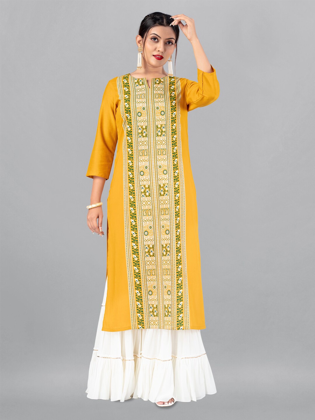 

FASHION DREAM Ethnic Motifs Printed Cotton Silk Panelled Kurta, Mustard