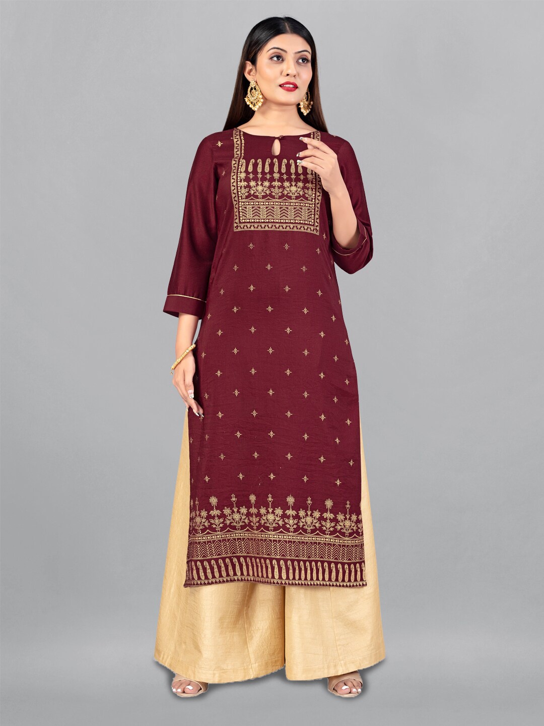 

FASHION DREAM Ethnic Motifs Foil Printed Keyhole Neck Cotton Silk Kurta, Maroon