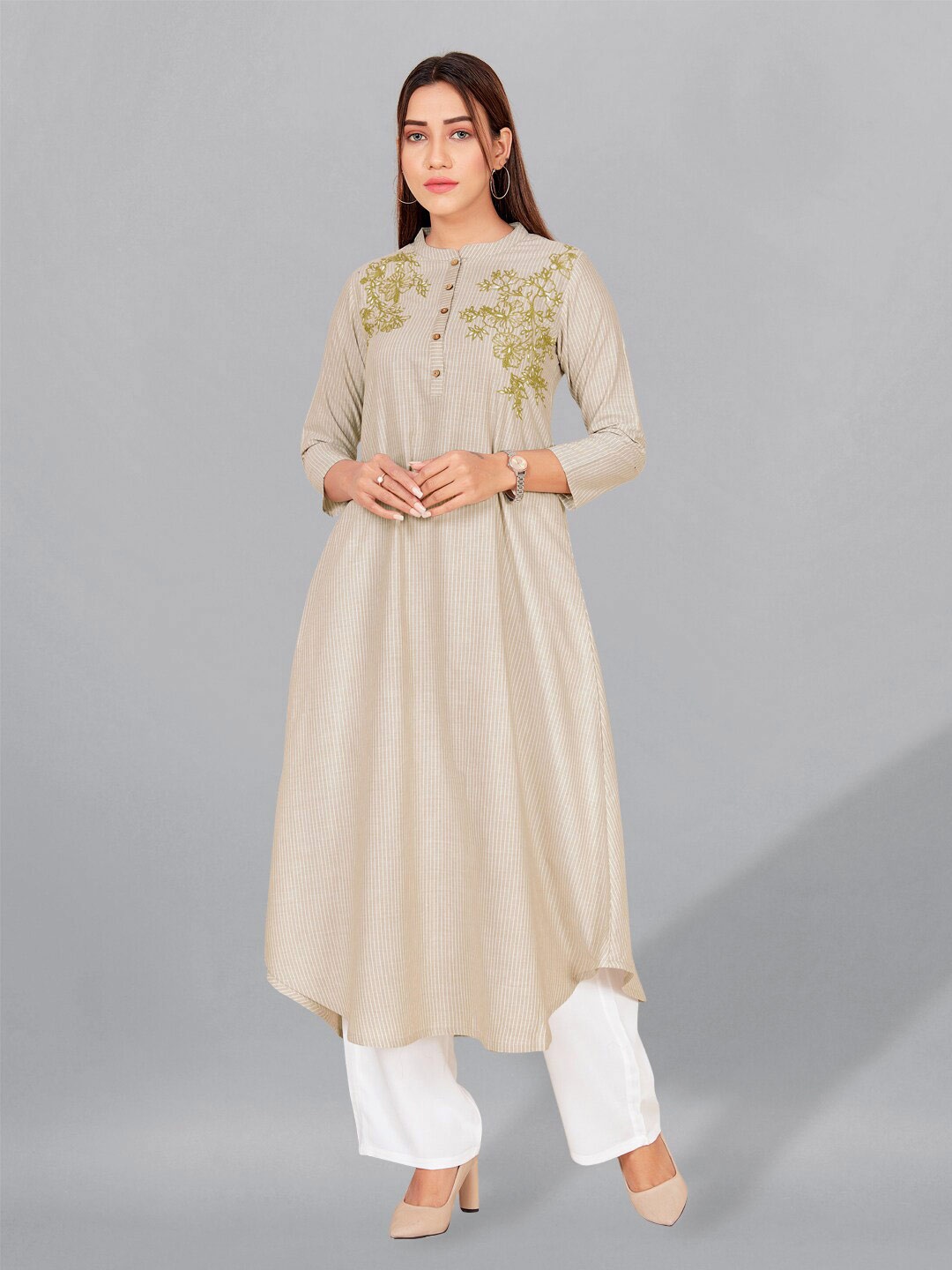 

FASHION DREAM Striped Thread Work A-Line Kurta, Beige