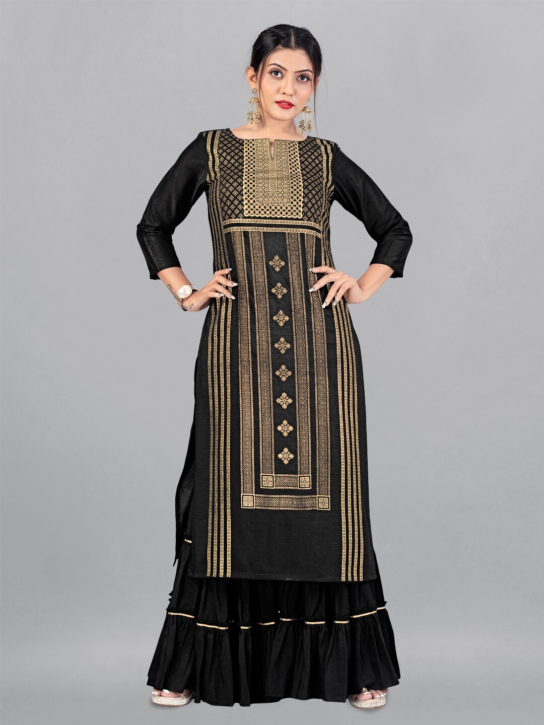 

FASHION DREAM Ethnic Motifs Foil Printed Straight Kurta, Black