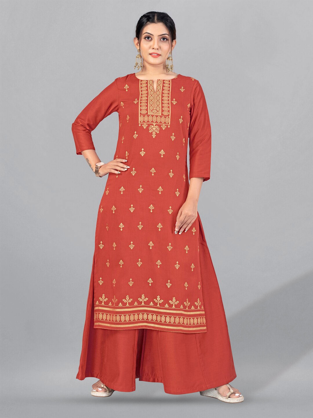 

FASHION DREAM Ethnic Motifs Printed A-Line Cotton Silk Kurta, Rust