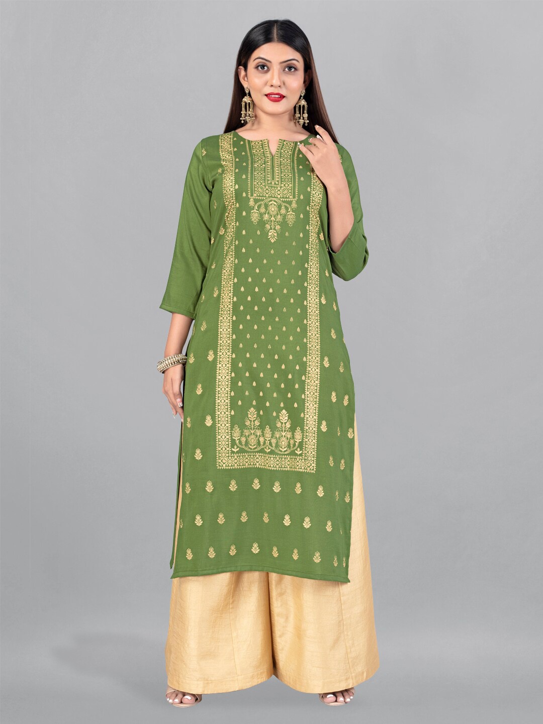 

FASHION DREAM Ethnic Motifs Foil Printed Kurta, Olive