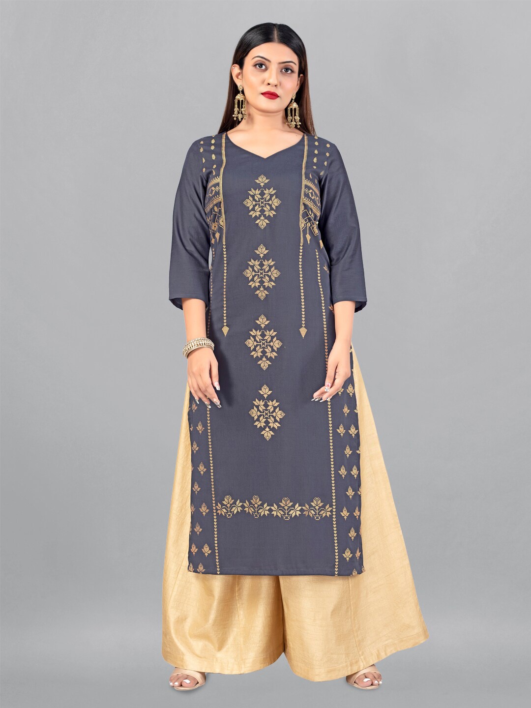 

FASHION DREAM Ethnic Motifs Foil Printed Panelled Cotton Silk Kurta, Grey