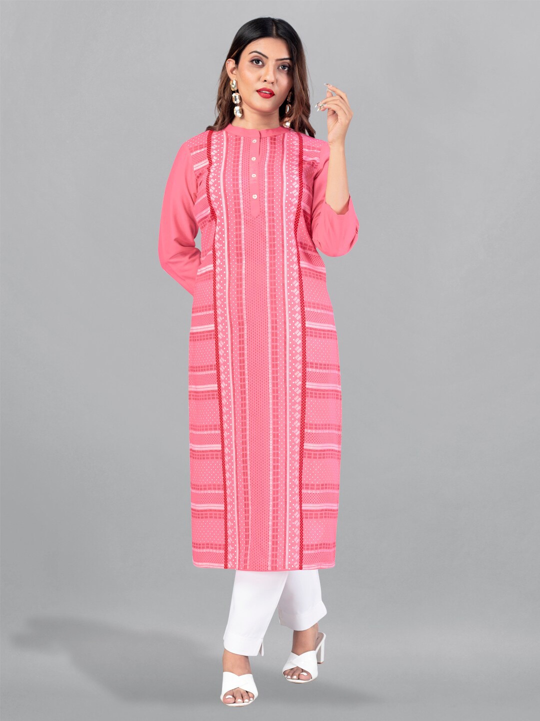 

FASHION DREAM Geometric Printed Mandarin Collar Kurta, Pink