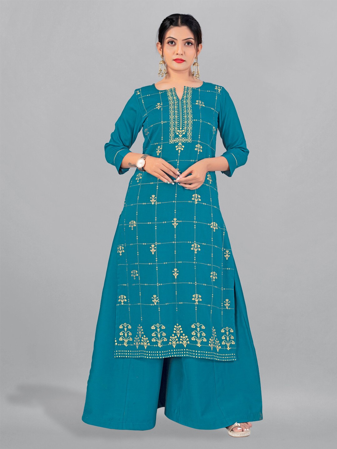 

FASHION DREAM Ethnic Motifs Printed Cotton Silk Kurta, Teal