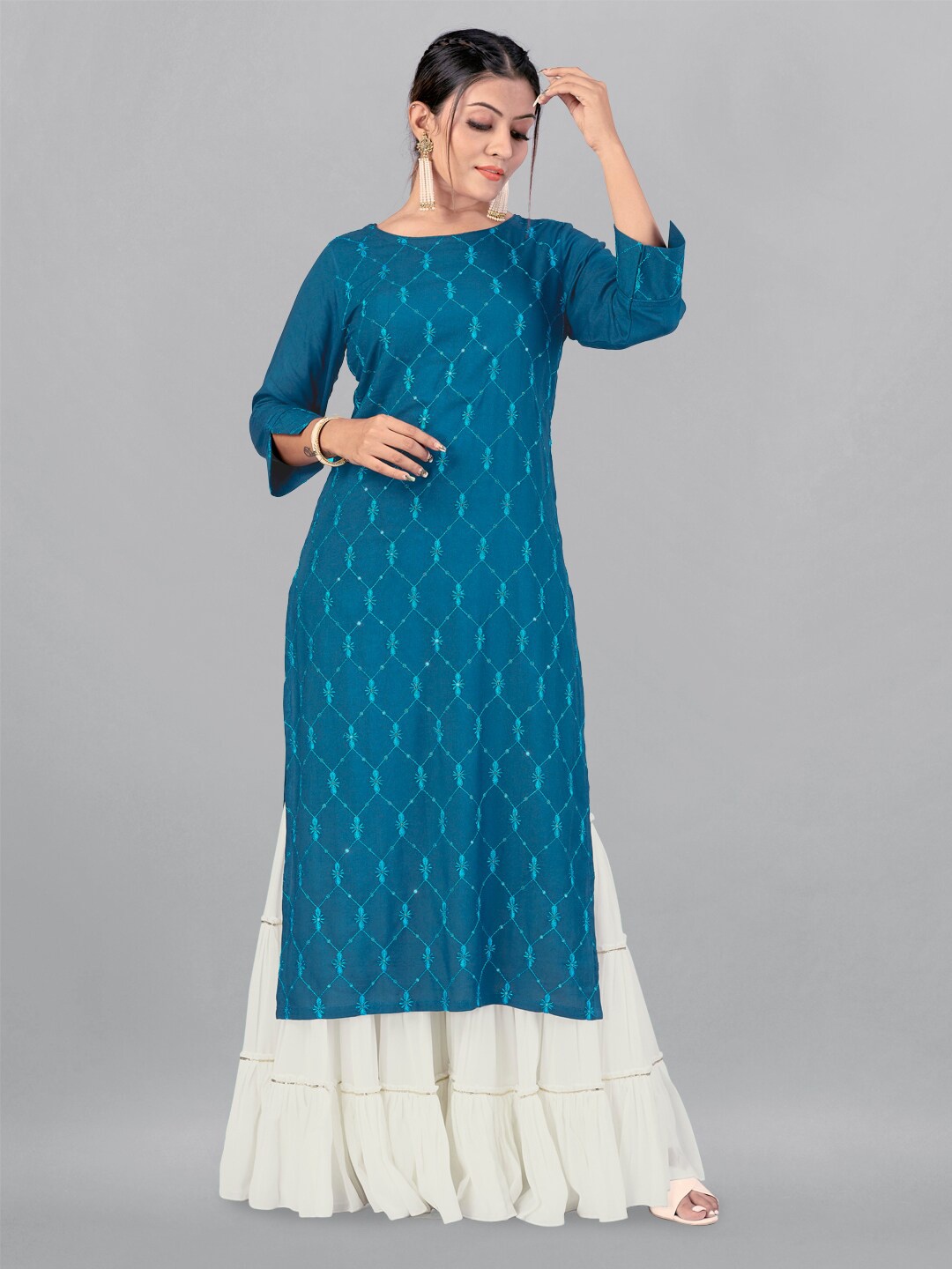 

FASHION DREAM Ethnic Motifs Embroidered Sequined Kurta, Teal