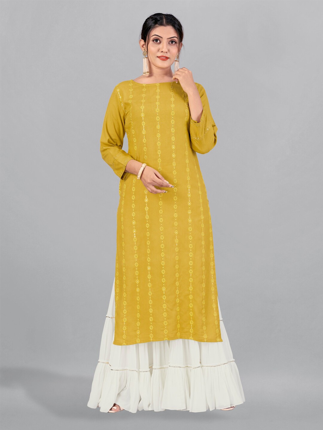 

FASHION DREAM Floral Embroidered Sequined Kurta, Mustard