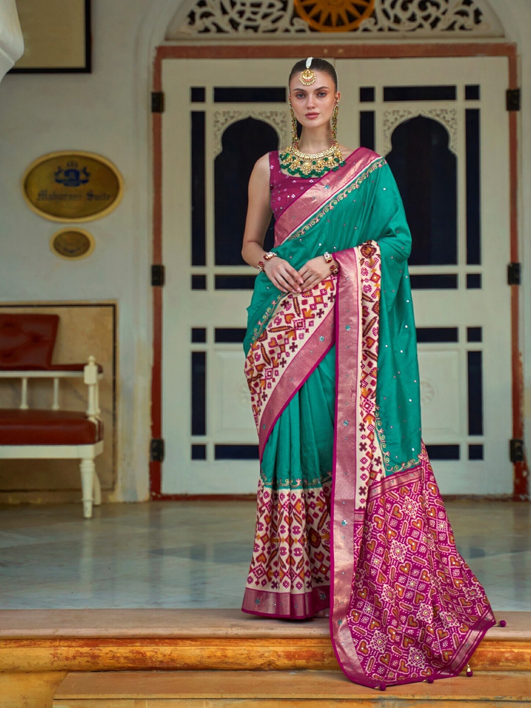 

Mitera Ethnic Motifs Mirror Work Silk Blend Patola Saree, Teal