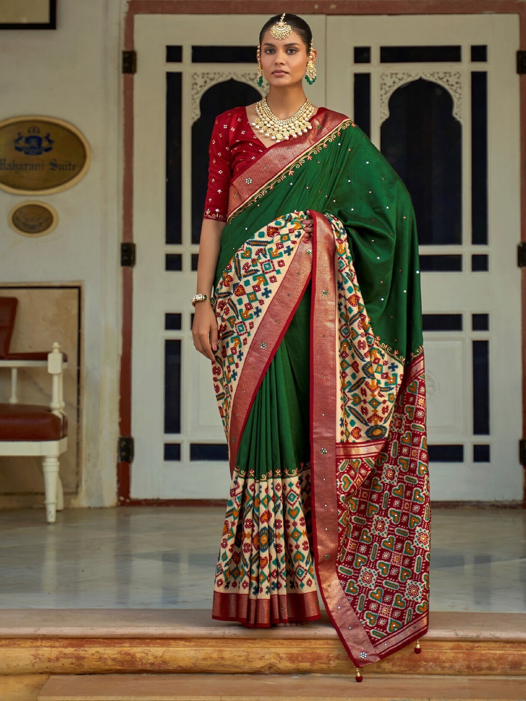 

Mitera Ethnic Motifs Printed Mirror Work Patola Saree, Green