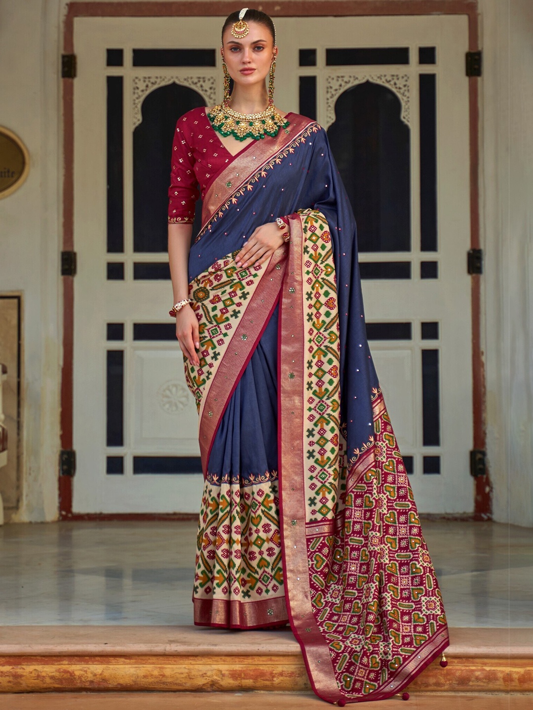 

Mitera Ethnic Motifs Printed Mirror Work Patola Saree, Navy blue