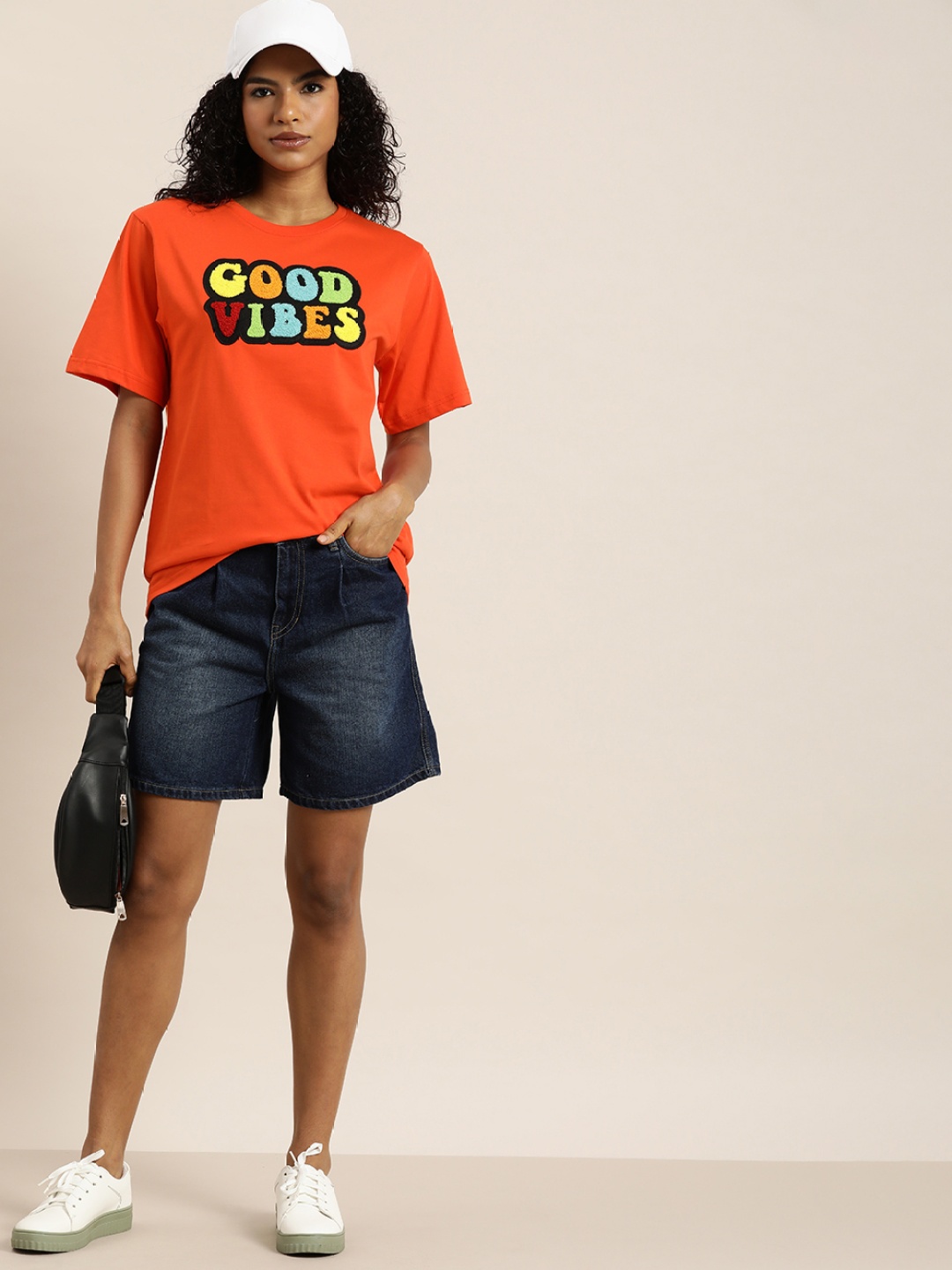

DILLINGER Typography Embroidered Oversize Pure Cotton Longline T-shirt, Orange