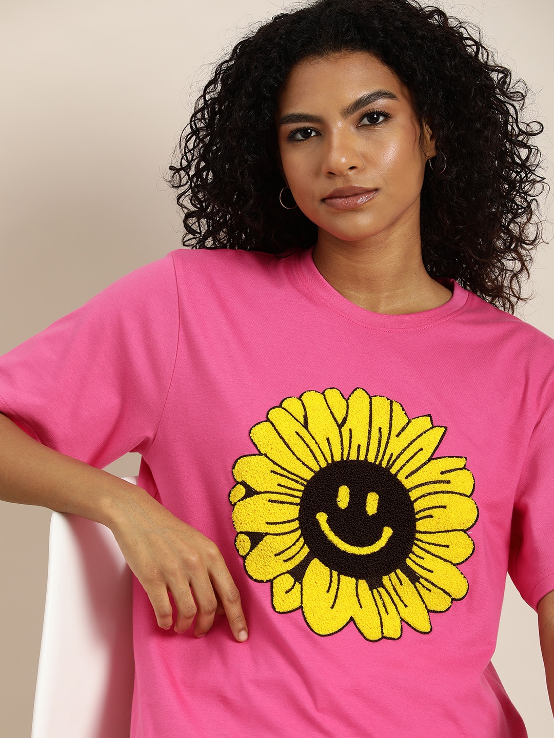 

DILLINGER Embroidered Oversize Pure Cotton Longline T-shirt, Pink