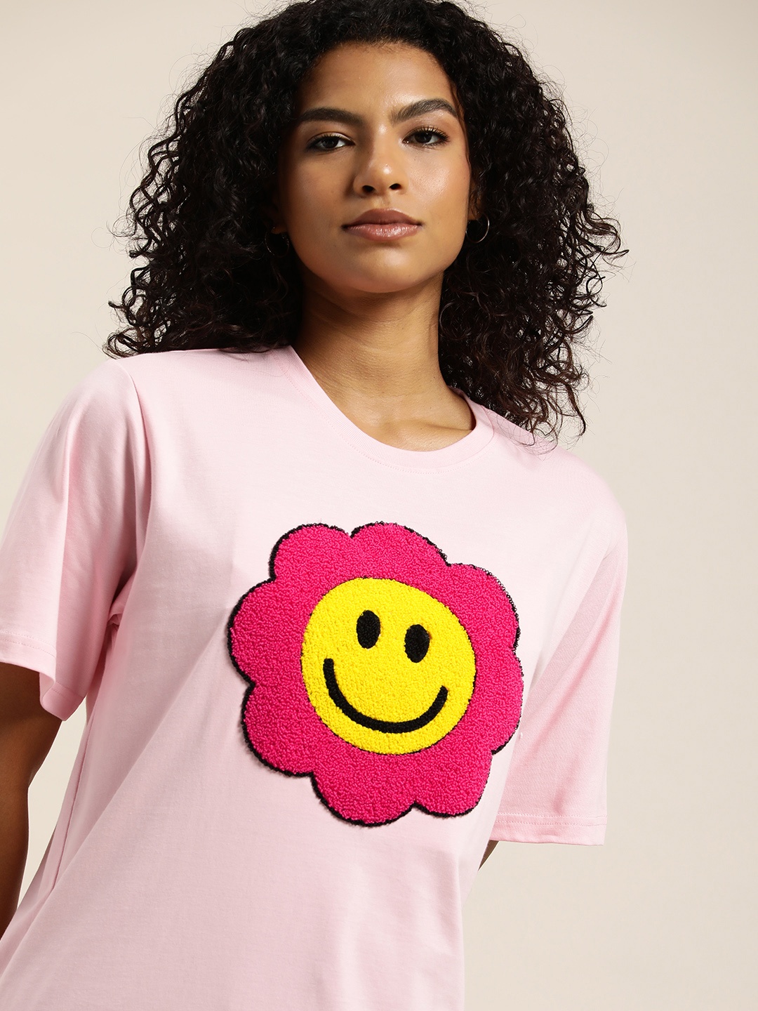 DILLINGER Embroidered Oversize Pure Cotton Longline T-shirt, Pink