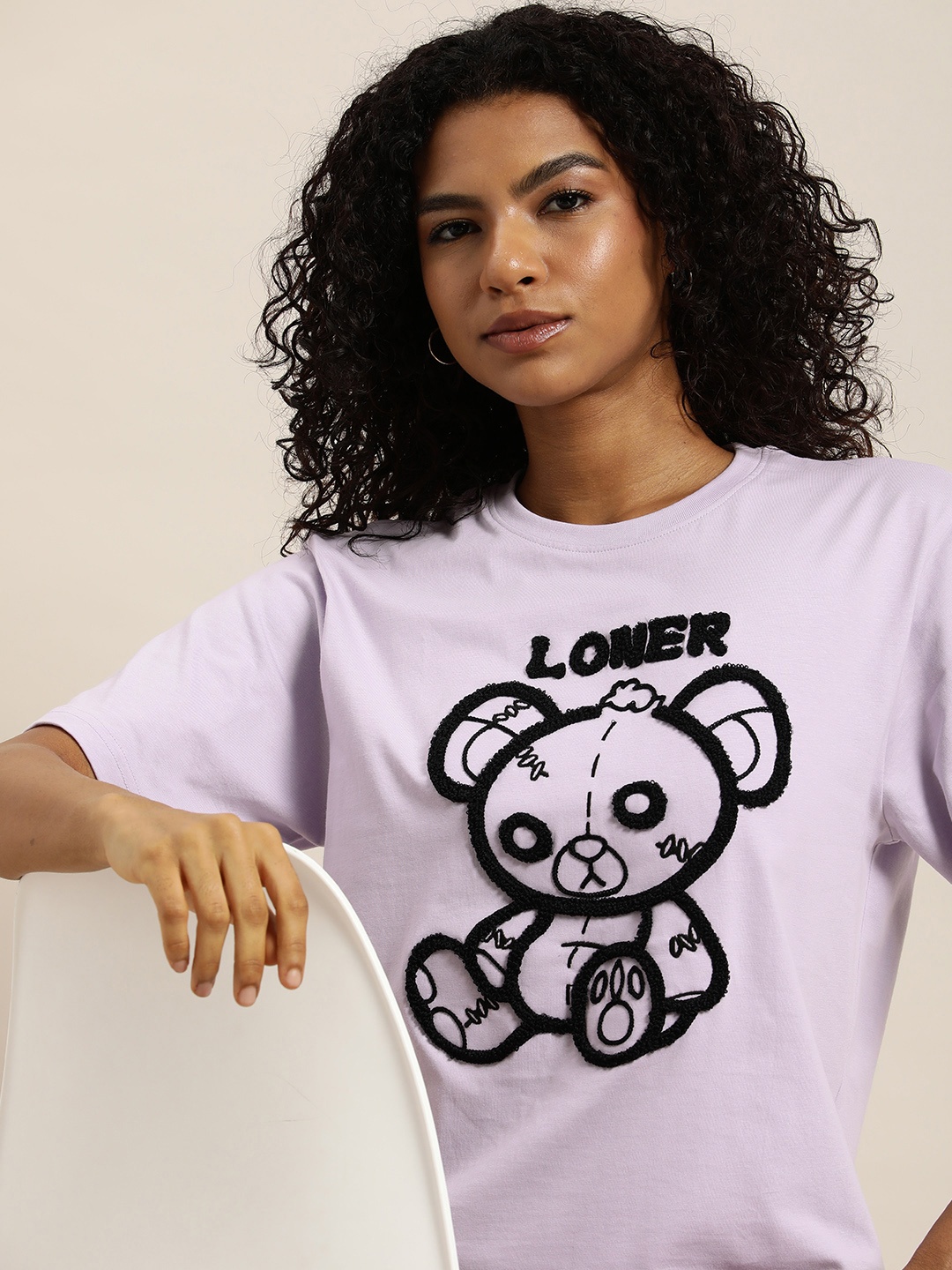 DILLINGER Embroidered Oversize Pure Cotton Longline T-shirt, Lavender